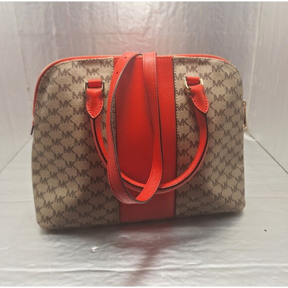 Michael Kors Khaki Monogrammed Coated Canvas/Red Leather Dome Satchel Crossbody - Picture 6 of 12